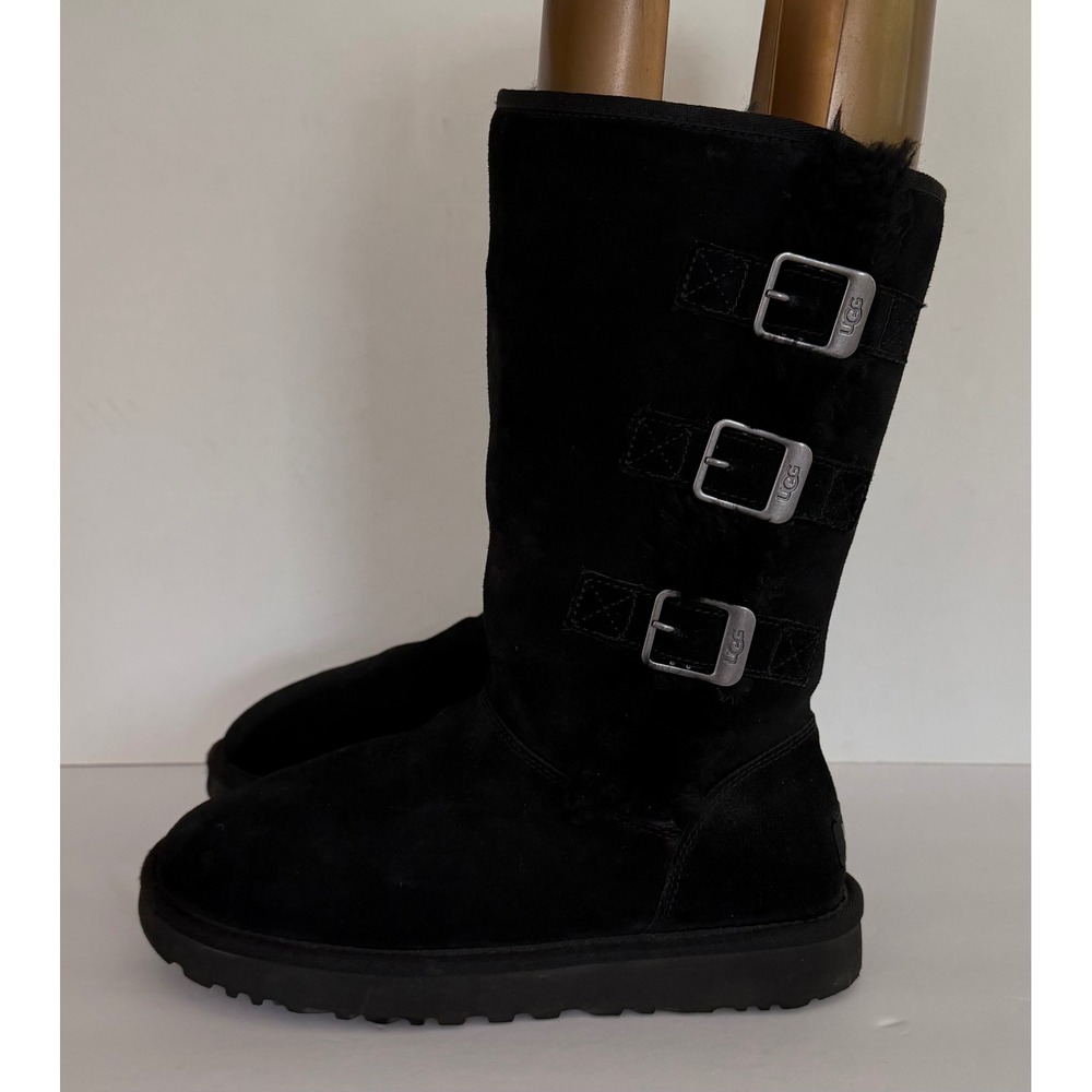 UGG Australia Womens Klea Black Suede Triple Buckle Shearling Tall Boots Cozy 10